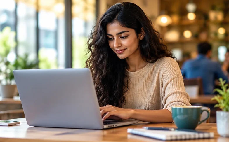 Freelancer working on a laptop in a cafe, receiving crypto payments