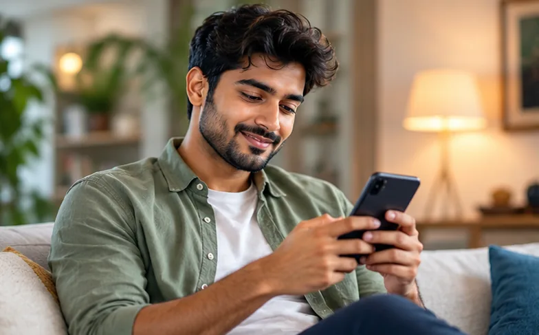 Young man in India checking a crypto to INR payout on his phone at home