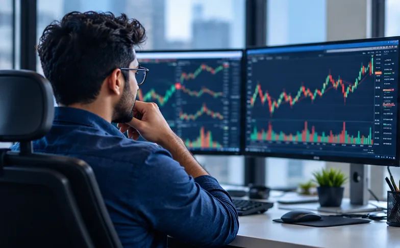 Crypto trader analysing price charts on two monitors