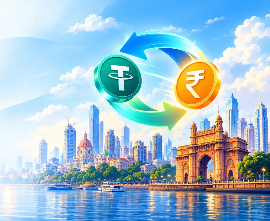 USDT converting to Indian rupees over the Mumbai skyline and Gateway of India