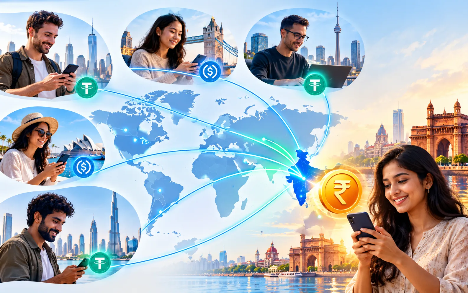 People in the USA, UK, Canada, Australia and Dubai sending USDT and USDC across a world map to India, where a woman in Mumbai receives rupees