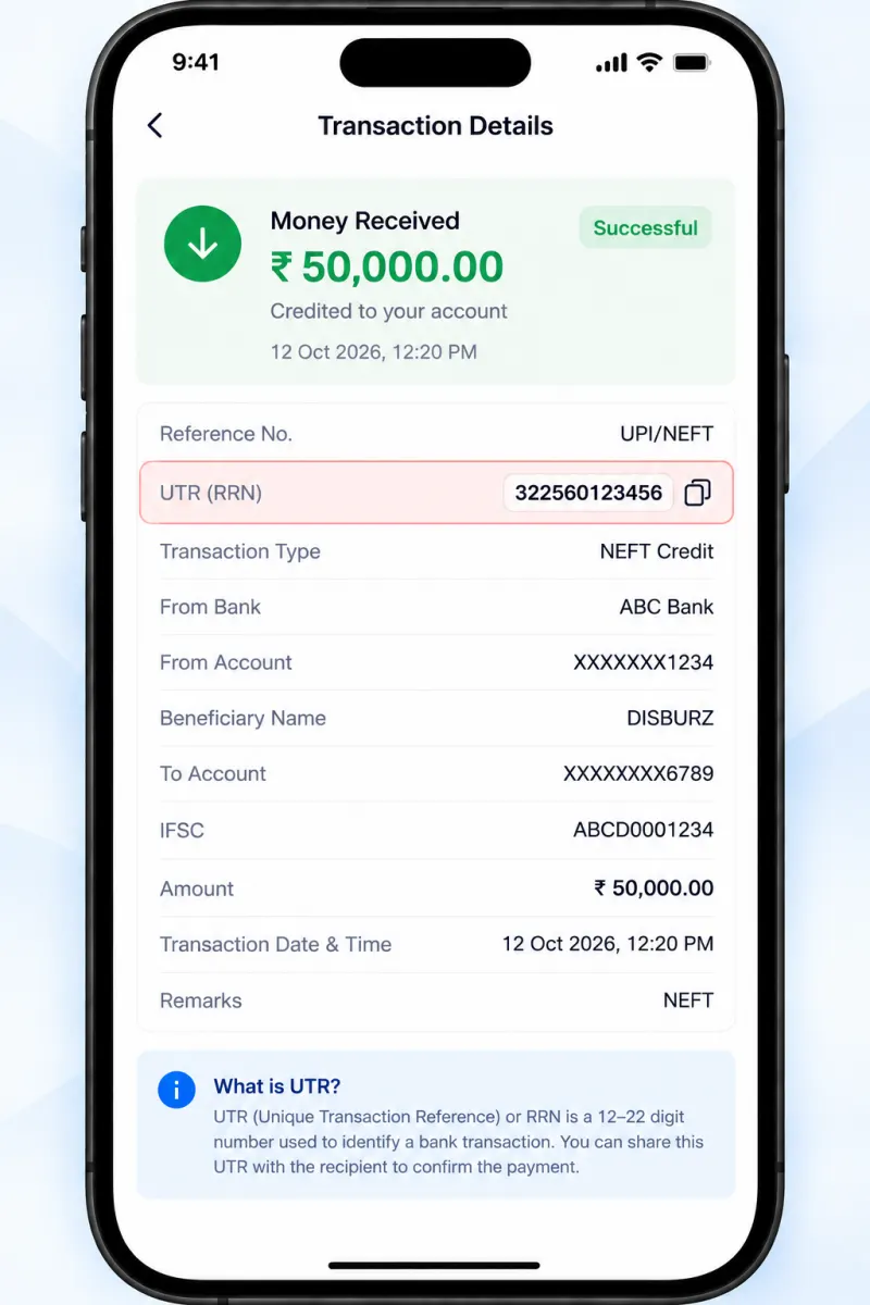 Mobile banking transaction details for a ₹50,000 credit with the UTR (RRN) field highlighted