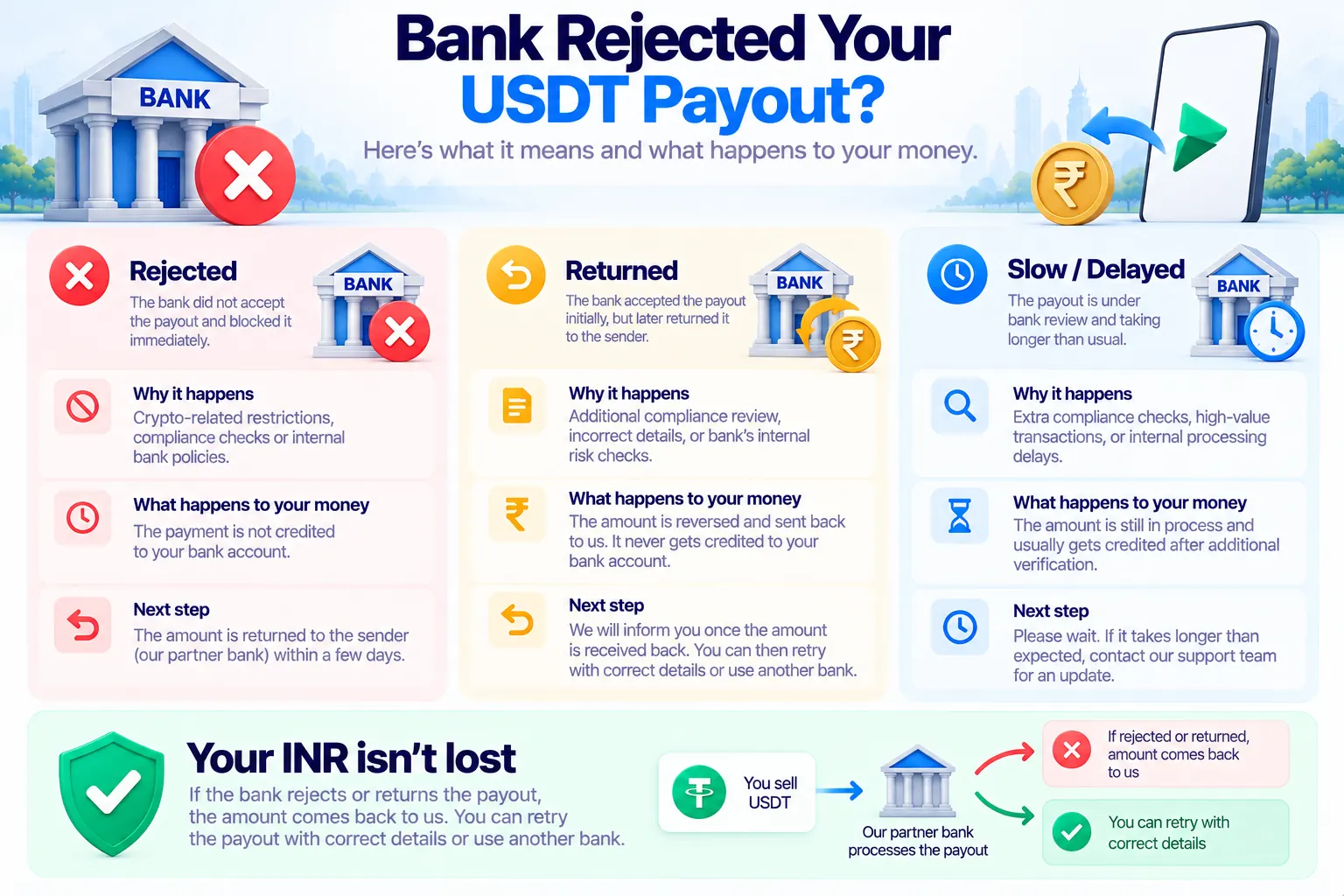 Bank rejected your USDT payout: rejected, returned and slow payouts compared, why each happens, what happens to your money and the next step; your INR isn't lost