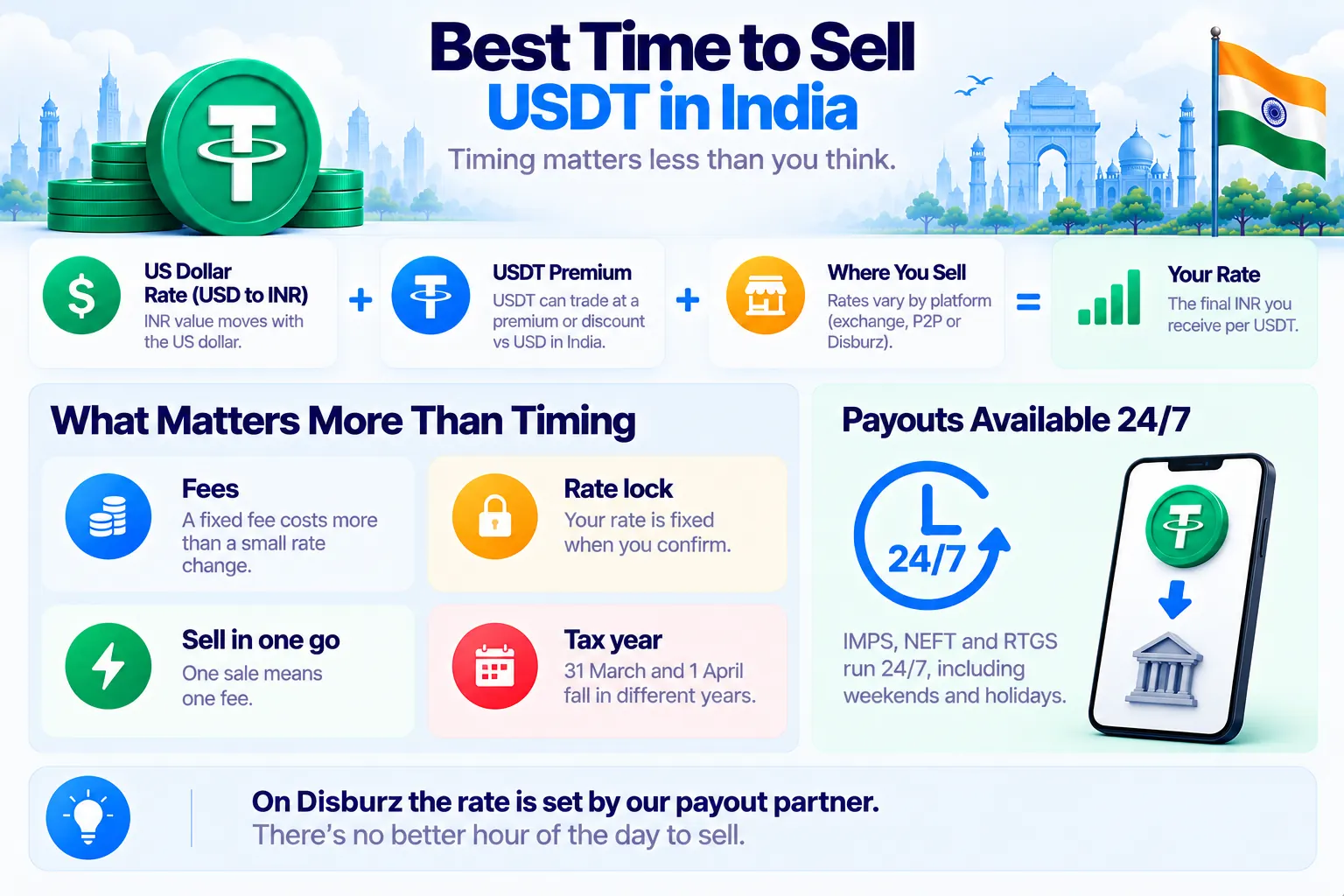 Best time to sell USDT in India: your rate is the US dollar rate plus the USDT premium plus where you sell; fees, rate lock, selling in one go and the tax year matter more than timing; payouts run 24/7