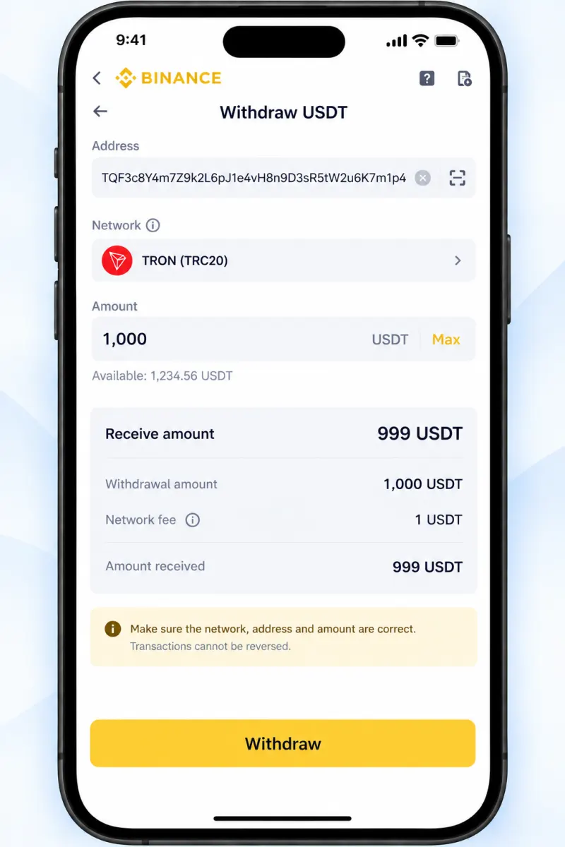 Binance USDT withdrawal summary showing the withdrawal amount, network fee and amount received before confirming