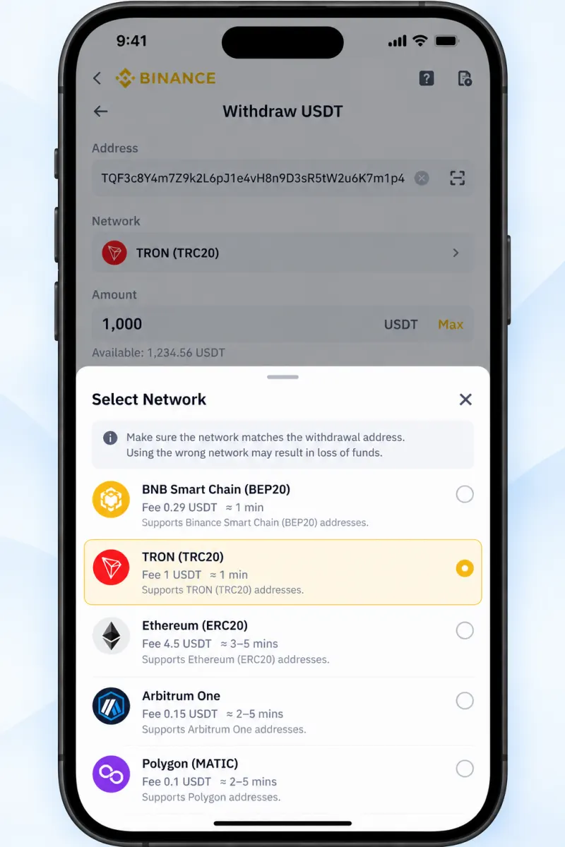 Binance withdraw USDT screen with the network list open and TRON (TRC20) selected, showing the fee for each network