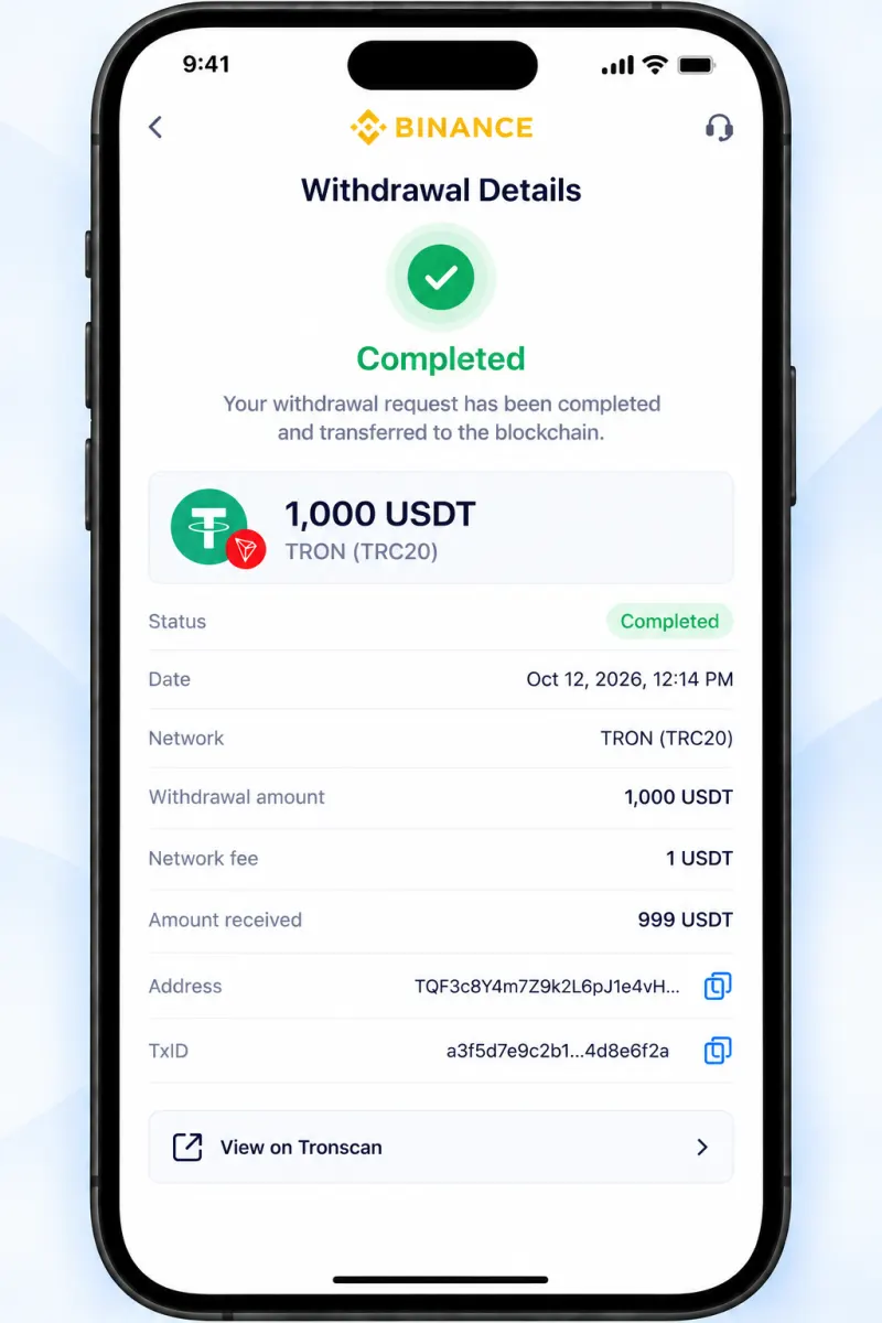 Binance withdrawal details marked Completed with the TRC20 network, amount received and the TxID