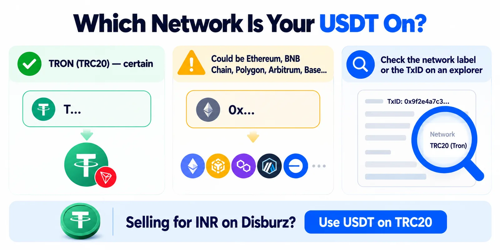 Which network is your USDT on: a T address is TRON (TRC20) for certain; a 0x address could be Ethereum, BNB Chain, Polygon, Arbitrum or Base; check the network label or the TxID on an explorer