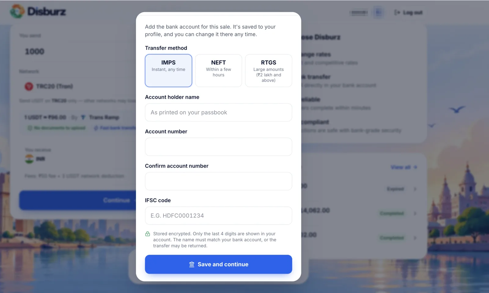 Adding an Indian bank account on Disburz: choose IMPS, NEFT or RTGS and enter the account holder name, account number and IFSC code