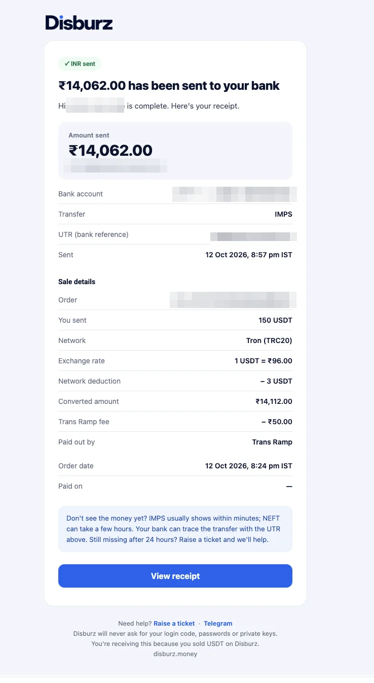 Disburz INR sent email receipt showing the amount sent to the bank by IMPS, the UTR bank reference, exchange rate and fees