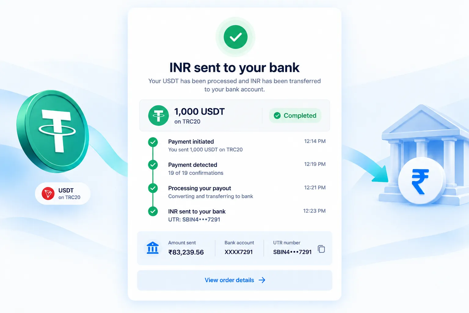 Completed USDT to INR order: payment detected, payout processed and INR sent to the bank with the UTR number