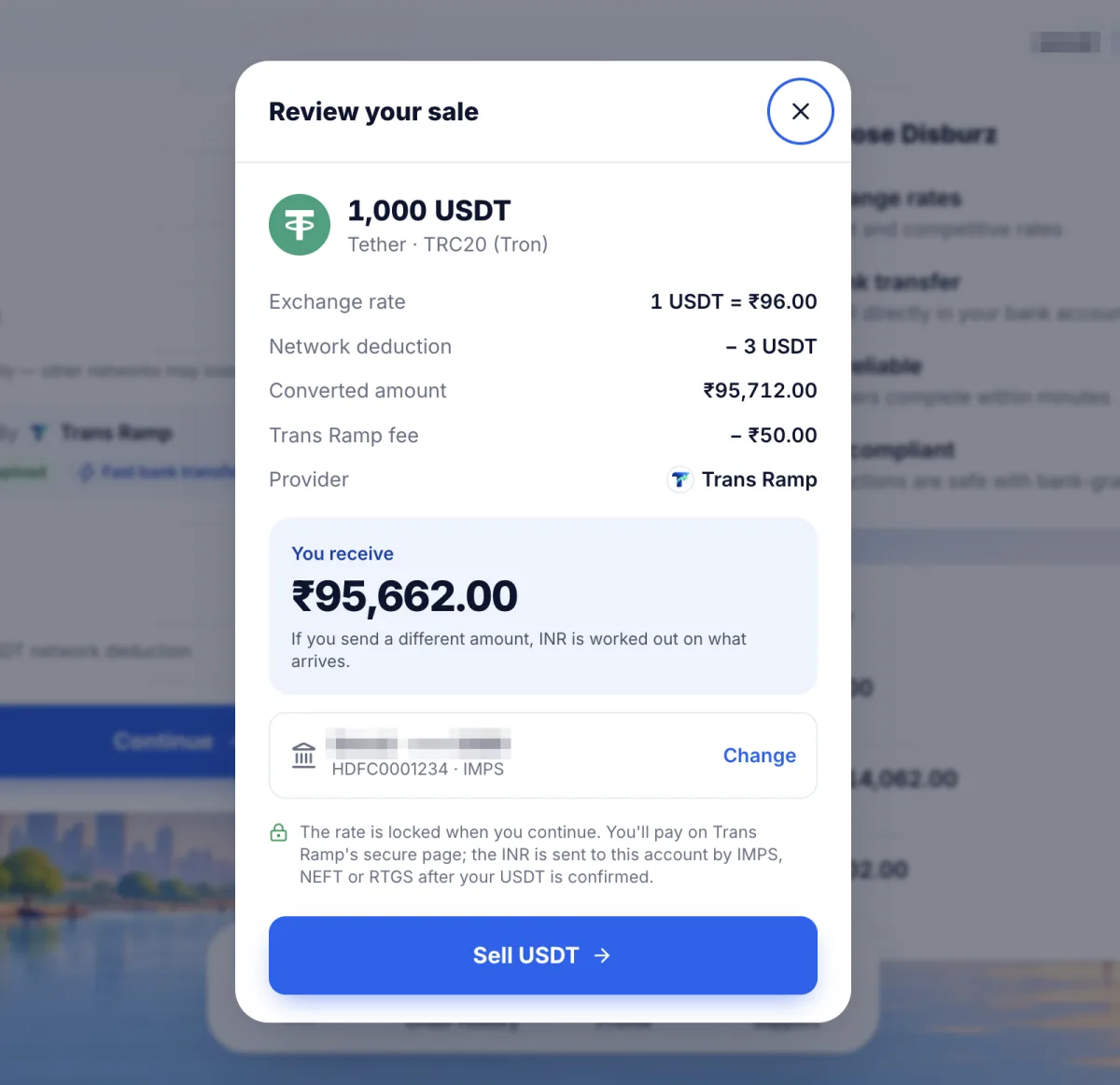 Disburz review screen for selling 1,000 USDT on TRC20 showing the exchange rate, 3 USDT network deduction, ₹50 Trans Ramp fee and the INR you receive
