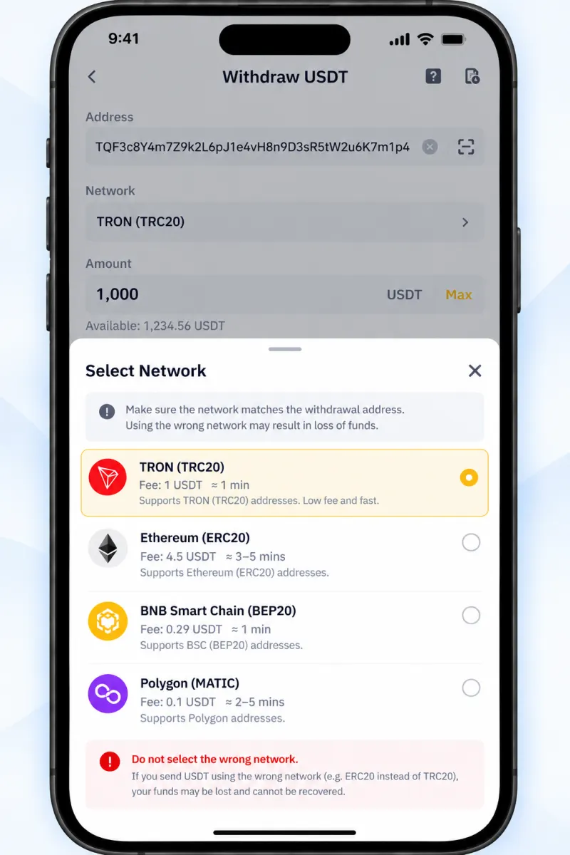 Exchange USDT withdrawal network options: TRON (TRC20), Ethereum (ERC20), BNB Smart Chain (BEP20) and Polygon with fees
