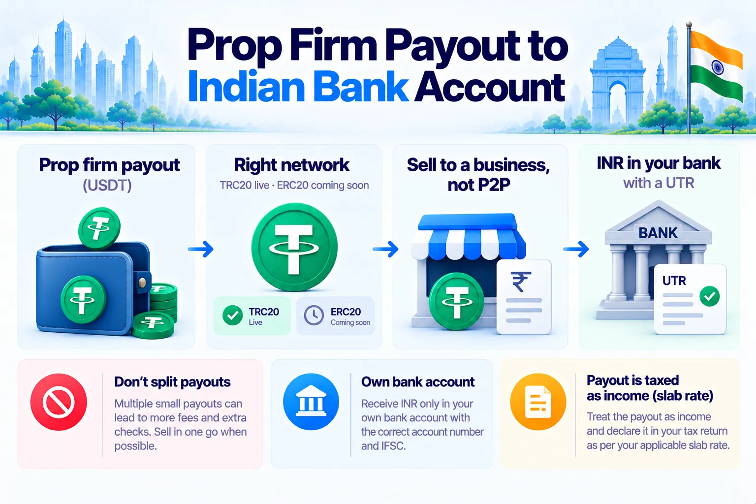 Prop firm payout to an Indian bank account: USDT payout, the right network (TRC20 live, ERC20 coming soon), sell to a business not P2P, INR in your bank with a UTR; don't split payouts, use your own bank account, the payout is taxed as income at your slab rate