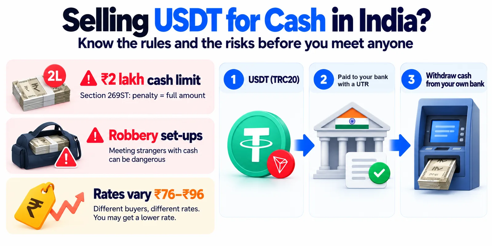 Selling USDT for cash in India: the ₹2 lakh cash limit under section 269ST, robbery set-ups and cash rates from ₹76 to ₹96, versus the safe route of USDT on TRC20 paid to your bank with a UTR and withdrawn from your own bank