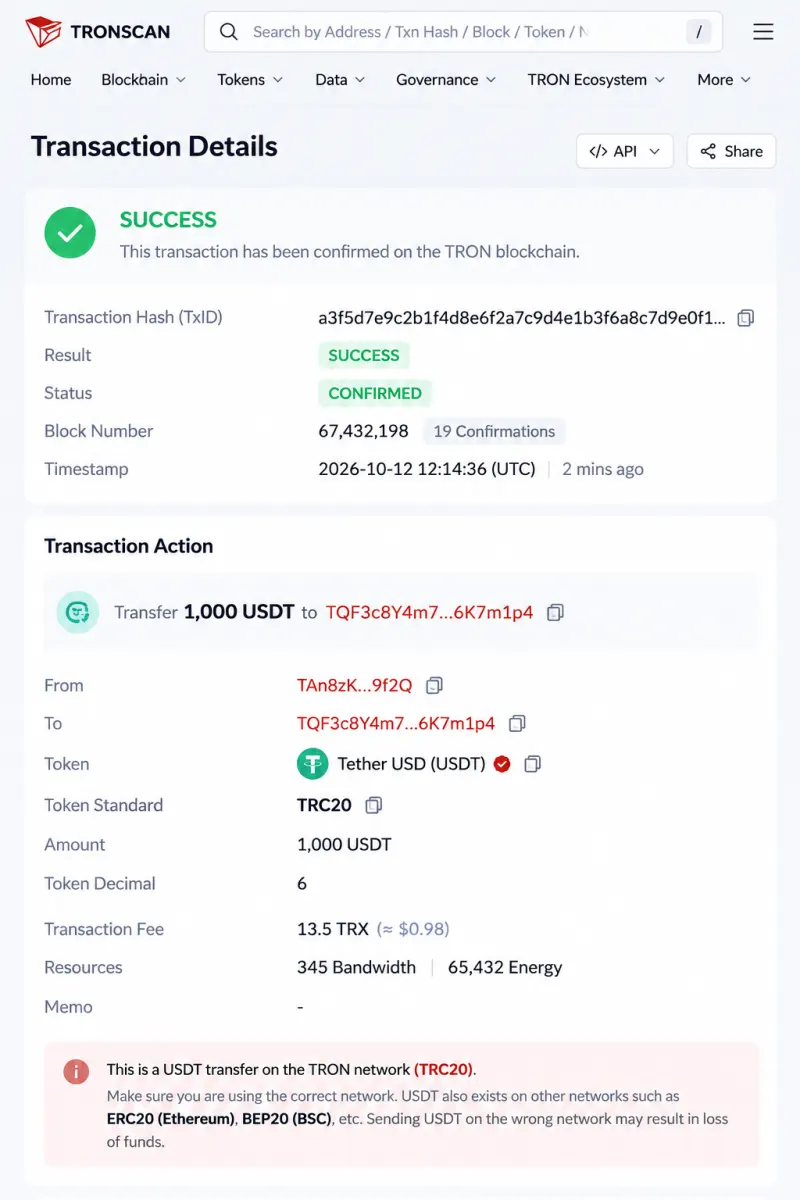 Tronscan transaction details for a 1,000 USDT TRC20 transfer showing SUCCESS, 19 confirmations, token Tether USD and the fee
