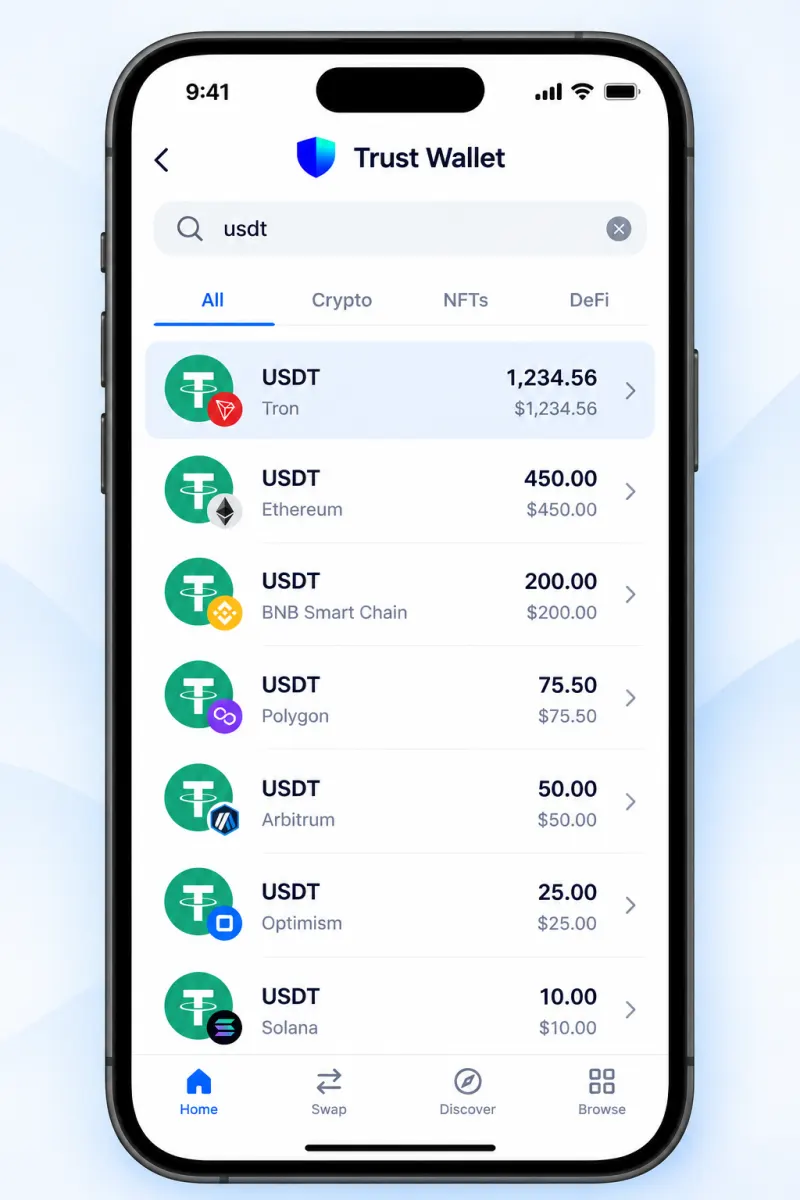 Trust Wallet search for USDT showing the same token on Tron, Ethereum, BNB Smart Chain, Polygon, Arbitrum, Optimism and Solana