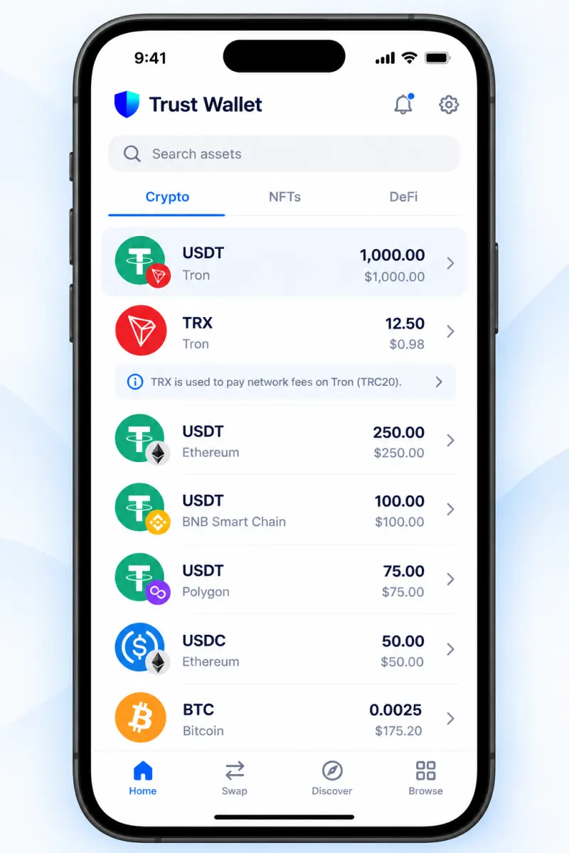 Trust Wallet home screen with USDT on Tron and a TRX balance, the coin used to pay TRC20 network fees