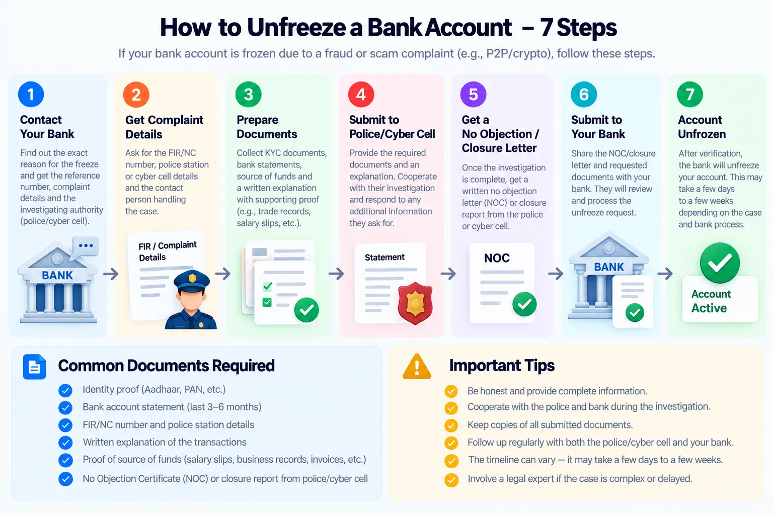 How to unfreeze a bank account in 7 steps: contact the bank, get complaint details, prepare documents, submit to the cyber cell, get an NOC, submit to the bank, account unfrozen
