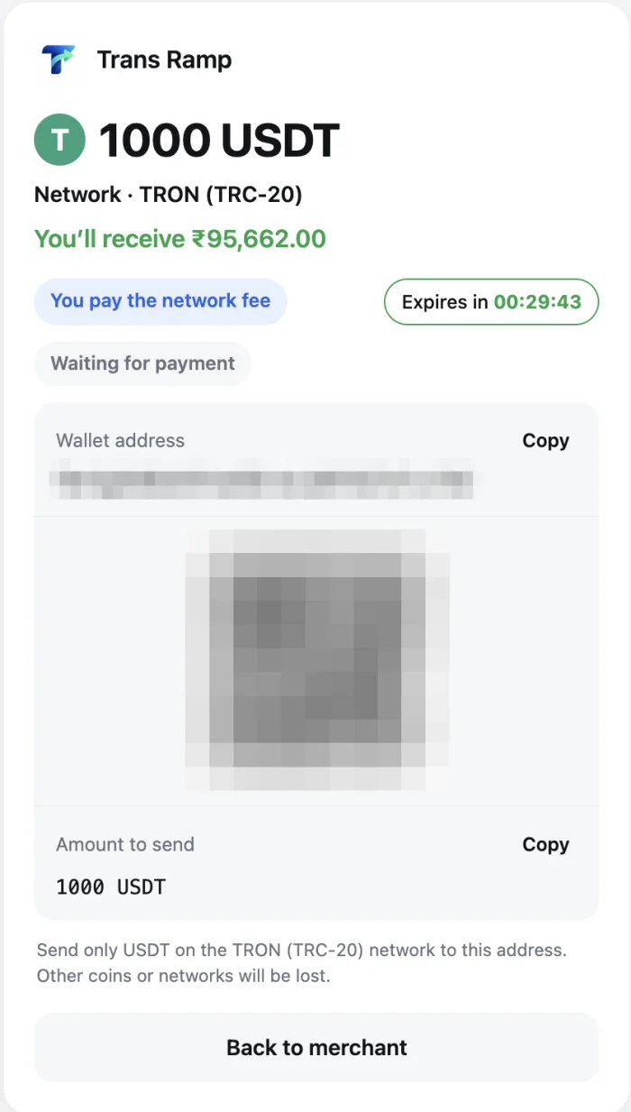 Payment page showing the TRC20 deposit address, QR code and exact USDT amount to send, with the INR you will receive