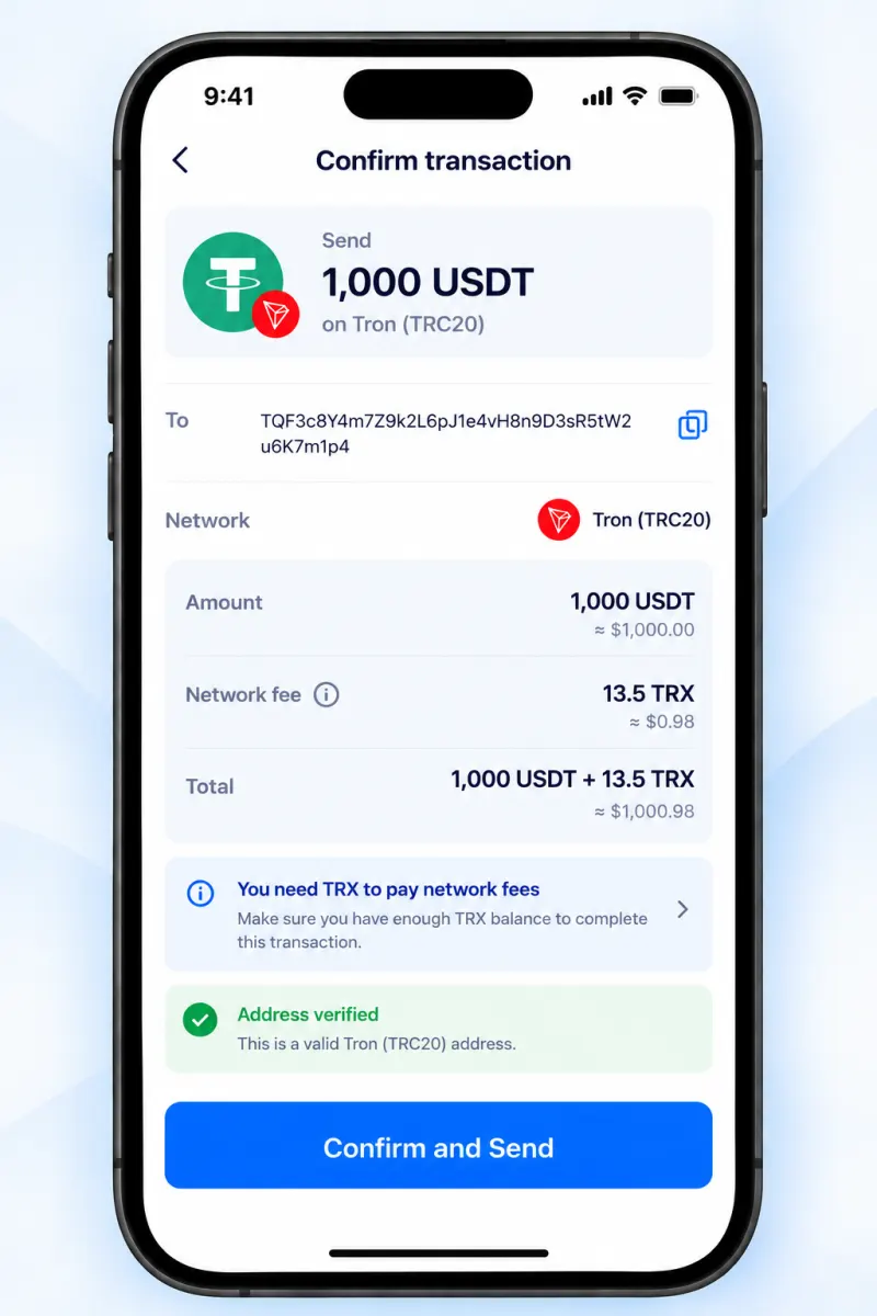 Confirm transaction screen for sending 1,000 USDT on Tron TRC20 with a 13.5 TRX network fee
