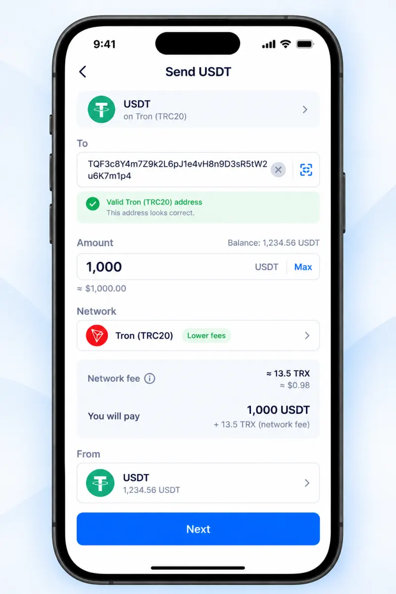 Send USDT screen with a TRC20 address pasted, 1,000 USDT entered and the network fee shown in TRX