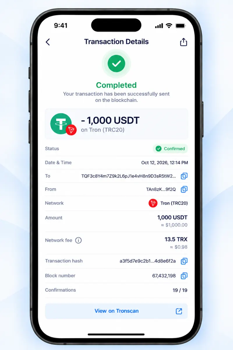 Completed USDT transaction on Tron TRC20 with 19 of 19 confirmations, transaction hash and network fee
