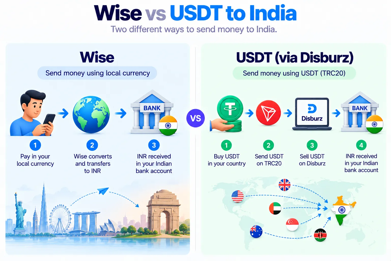 Wise vs USDT to India: Wise converts local currency and pays INR to the bank; with USDT you buy USDT locally, send on TRC20, sell on Disburz and receive INR